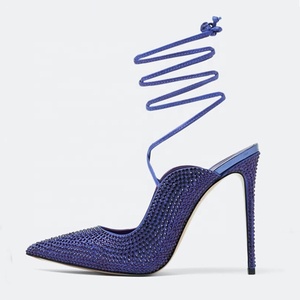 Sandalias de tacón de aguja con tiras cruzadas en el tobillo para mujer, con diamantes brillantes, para fiesta de graduación, zapatos de vestir, tacón fino, punta puntiaguda, con cordones - Product Image 3