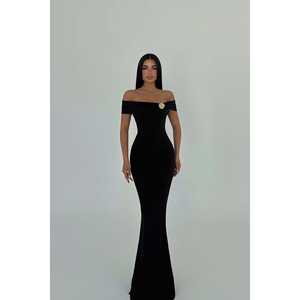 Luxurious Black Evening Dress Brooch Detail Rhinestone <b>Decoration</b> Empire Waistline Short Sleeves XS-XL Plus for <b>Prom</b> Party ODM - Product Image 4