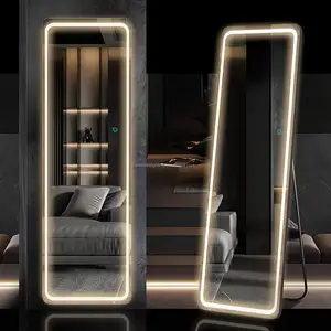 무료 서있는 높은 조명 바닥 거울 벽걸이 형 교수형 거울 전신 거울 w/디밍 및 침실을위한 3 색 조명