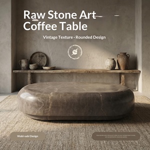 Mesa de Té Pequeña de una Sola Pieza de Mármol Natural Gris Chocolate con Acabado Desgastado Estilo Wabi-Sabi para Villa y Sala de Exposiciones - Product Image 1