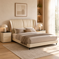 Anpassbare Größe Modernes Luxuriöses Echtleder-Kingsize-Bettgestell mit Hohem Kopfteil Weich Gepolstertes Bett Beige