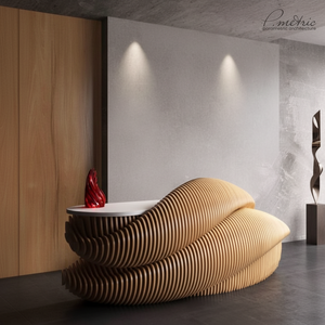 Bancone <span class=keywords><strong>Reception</strong></span> <span class=keywords><strong>per</strong></span> Hotel su Misura di Forma Irregolare, Arredamento Moderno in Legno Massello |   Banchi <span class=keywords><strong>Reception</strong></span> Parametrici <span class=keywords><strong>per</strong></span> Uffici Vendite - Product Image 1