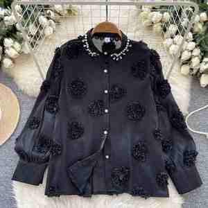 Autumn Loose Full Sleeve Others Collar Casual Mesh Blouses Women Floral <b>Beading</b> Shirts Front Elegant <b>Tops</b> Clothes Wholesale - Product Image 2