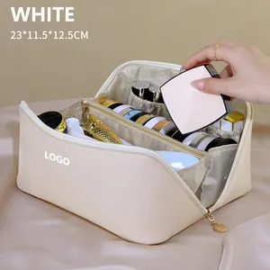 Borsa per il trucco cosmetica in pelle con cuscino in Pu di grande capacità con Logo personalizzato da viaggio impermeabile all'ingrosso con cerniera