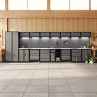 Ensemble de 7 meubles de garage directement de l'usine avec armoire haute, chariot mobile, établi, panneau perforé et éclairage LED