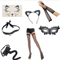 Costume de chat noir PESENAR pour femmes, masque de mascarade d'Halloween, oreilles en dentelle, gants, queue, collier ras du cou