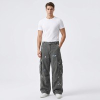 Pantalon cargo évasé vintage effet vieilli, coupe ample à jambe empilée, couture incurvée, style streetwear, taille mi-haute, personnalisable OEM, faible MOQ
