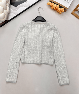 Chic Tweed Inspired Knitted Cardigan, Trim Detail Button up Sweater with Pocket Accent, Soft Warm Long Sleeve Top for Ladies - Product Image 4