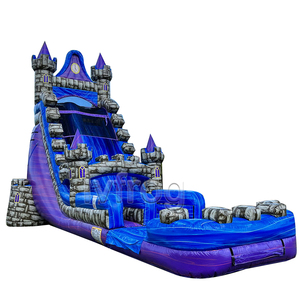 Toboggan gonflable commercial en PVC violet et bleu avec conception de château de piscine avec ventilateur intégré et kits de réparation inclus - Product Image 1