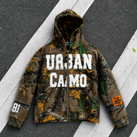 Sweat à capuche zippé pour homme avec logo personnalisé, imprimé camouflage urbain, 100% coton et polyester, avec un imprimé camouflage unique et une fermeture éclair en métal argenté