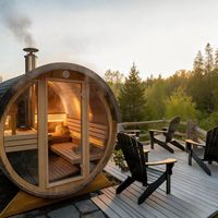 Ruang Sauna Hemlock Barrel untuk 4 Orang, Pembakaran Kayu, Kabin Uap Luar Ruangan, Bluetooth, Hemat Energi Otomatis 4500W, Terapi Kelembapan