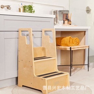 Solid Wood Children Step <b>Stool</b> With Handrails Minimalist Design For Kids <b>Bathroom</b> Kitchen Use - Product Image 1