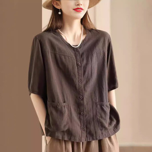 Women's Cotton Linen Shirt Short Sleeve V-Neck Button Front Pocket Design Casual Retro Style Coffee Color - Product Image 1