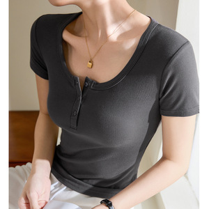 T-shirt décontracté côtelé en coton respirant à manches courtes et col en U boutonné, coupe ajustée taille haute pour <span class=keywords><strong>femme</strong></span>, nouvelle collection été 2026 - Product Image 4