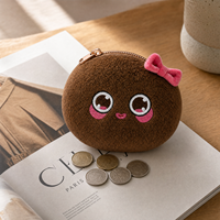 Porte-monnaie rond en peluche marron mignon avec fermeture éclair et nœud rose doux et moelleux, fabricant OEM ODM de cadeaux en peluche