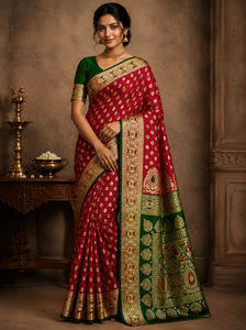 Marron Silk Saree With Green Border And Embroidery Design Saree with <b>Blouse</b> Material For Wedding And Festival Wear - Product Image 3
