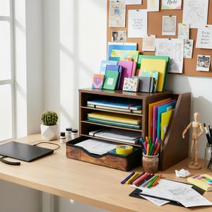 Caja de almacenamiento de escritorio de madera de 4 capas con cajones, organizador de oficina para papelería, libros y artículos diversos - Product Image 1