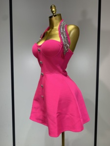 Abito Fasciante di Lusso da <span class=keywords><strong>Donna</strong></span>, Collo all'Americana, Schiena Scoperta, con Perline, Lavorato a Maglia, Lunghezza al Ginocchio, Asciugatura Rapida, <span class=keywords><strong>Sexy</strong></span>, per Club, Serate e Feste - Product Image 2