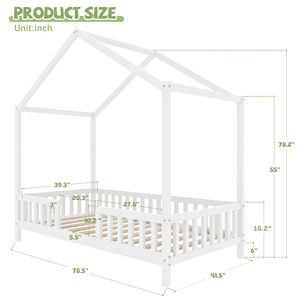 White House Shaped Montessori Floor <strong>Bed</strong>, Twin Kids <strong>Bed</strong> Frame with Canopy &amp; High Railings - Product Image 6