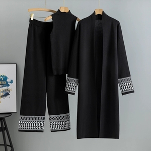 Set di Maglieria da <span class=keywords><strong>Donna</strong></span> in 3 Pezzi, Stile <span class=keywords><strong>Retrò</strong></span> con Motivo Jacquard, Cardigan Lungo Casual e Pantaloni, Completo con Gilet Lavorato a Maglia - Product Image 3