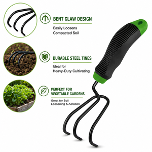 Outil de décompactage du sol en fil métallique avec finition époxy noire, cultivateur courbé avec griffes courbées, cultivateur manuel - Product Image 2