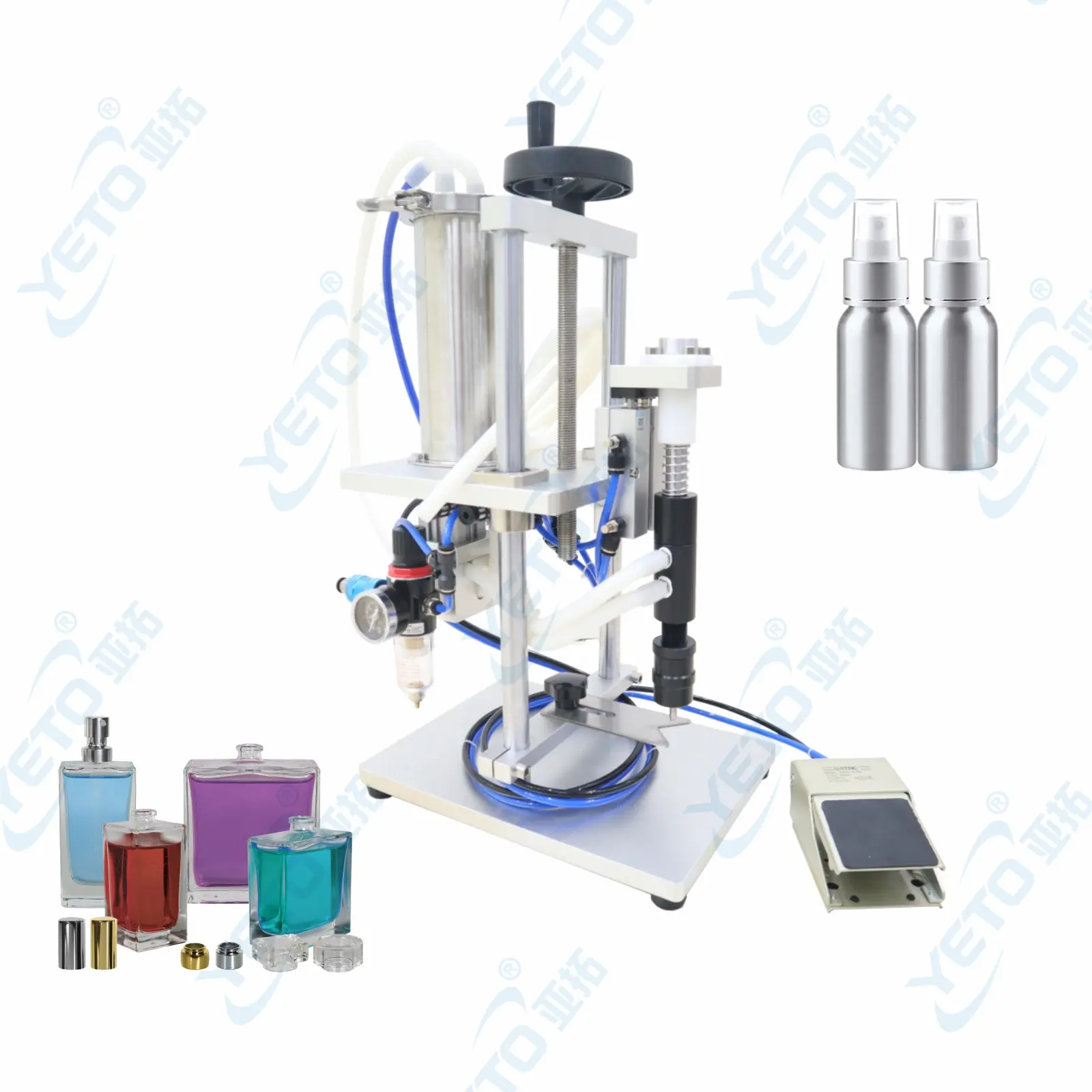 Máquina de llenado de perfume de escritorio, equipo de llenado de aceite líquido de agua al vacío, llenador de botellas de vidrio de aluminio y plástico