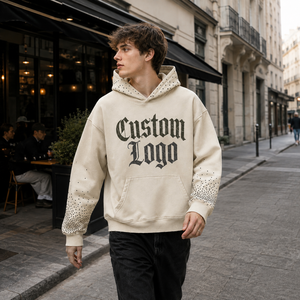 Sweat-shirt à capuche personnalisé pour homme, en polaire ivoire, coupe ample décontractée, avec poches, impression sérigraphique - Product Image 2