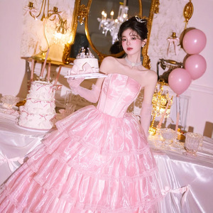Strapless Pink Satin Ball <b>Gown</b> Dress Empire Waistline Vintage Style For <b>Birthday</b> Party <b>Photoshoots</b> - Product Image 4
