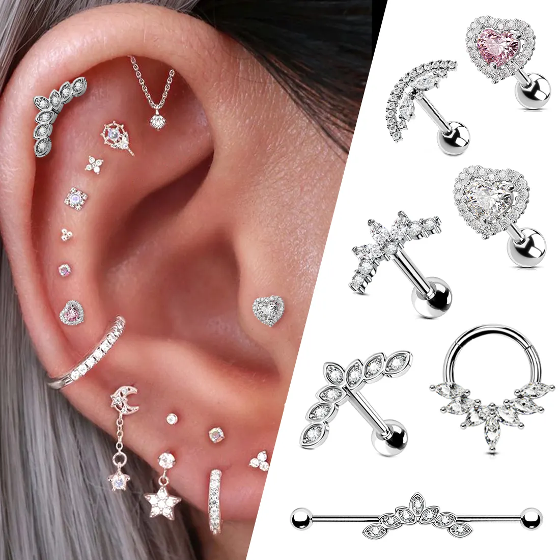 316L phẫu thuật thép không gỉ sụn Bông tai Studs tim CZ Zircon về phía trước Helix piercing đồ trang sức cartlidge Bông tai