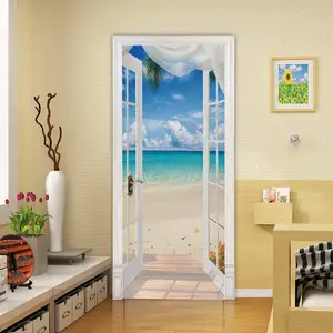 3D пейзаж пляжные дверная наклейка двери наклейки декор настенные съемный двери обои