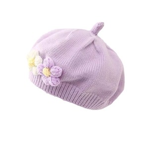 Béret tricoté pour bébé fille, en coton respirant, rayé, avec un joli motif de petite fleur, bonnet d'hiver pour enfants - Product Image 5