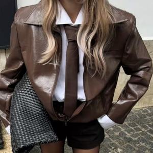 Chaqueta de Cuero para Mujer, Estilo Motera, Color Marrón, Elegante, Nueva Colección Otoño Invierno, Cierre de Cremallera, Diseño Sólido, Abrigo de Moda - Product Image 1