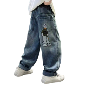 Pantalon en <span class=keywords><strong>jean</strong></span> ample délavé rétro pour enfants, broderie de dessin animé au dos, jeans amples à <span class=keywords><strong>taille</strong></span> élastique pour adolescents, personnalisable - Product Image 4