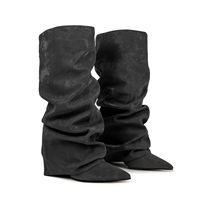 Bottes longues pour femmes, style pantalon ample, à bout pointu, froncées, à enfiler, à talon bloc très haut, grandes tailles, type bottes de chevalier, fabrication ODM OEM