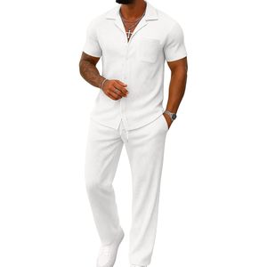 Ensemble 2 pièces décontracté pour homme FOXA – Chemise boutonnée à manches courtes et pantalon ample texturé rayé – Tenue de sport et de marche - Product Image 1