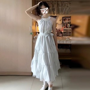 Sleeveless Halter Neck <b>Dress</b> <b>Elastic</b> Waist Breathable Long Summer Holiday Casual <b>Dress</b> - Product Image 2