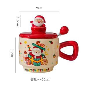 แก้วคริสต์มาสลายซานต้าขนาด 400 มล. รุ่นใหม่ยอดนิยม แก้วกาแฟ/นมพอร์ซเลน ชุดของขวัญแก้วคริสต์มาสพร้อมฝาและช้อน - Product Image 2