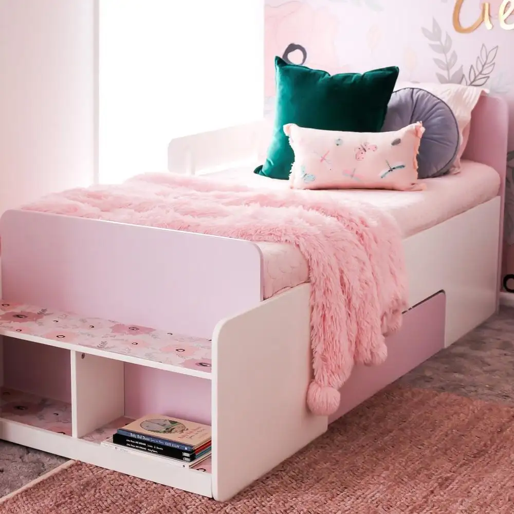 Sampo Kingdom-cama de tamaño único para niños, cama con cabezal y cajones para SG y AU, Color rosa, disponible