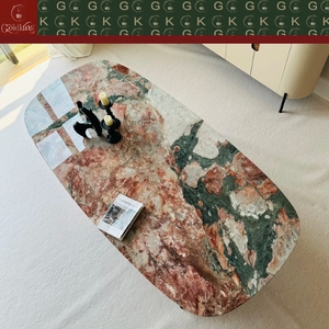 Table à manger ovale en marbre rose GOLDKING Quatre Saisons avec base en métal noir mat à trois cônes pour maison moderne OEM ODM Direct - Product Image 3