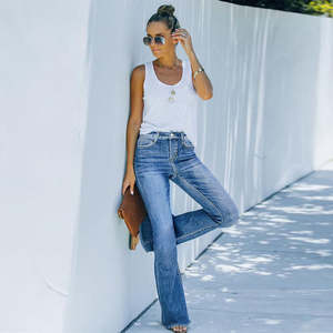 Pantalon large à jambes évasées bleu clair délavé de fabrication chinoise pour femmes et mamans, jeans skinny de bonne qualité à taille mi-haute - Product Image 6