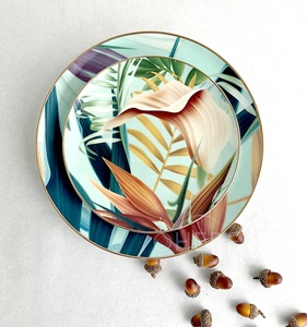 Assiette de service occidentale en céramique, motif feuille de forêt, en porcelaine fine, verte, pour la maison - Product Image 5