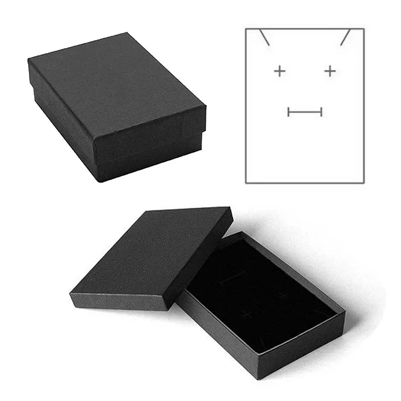Pamuk dolgulu karton mat siyah perakende kutuları kağıt küçük kutu takı hediye çantası kapaklı kolye, küpe ve yüzük