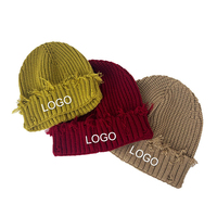 Gorro de Punto Desgastado con Borde Deshilachado y Logotipo Personalizado, Estilo Y2K Grunge, Gorro de Invierno con Puño Acanalado para Hombre y Mujer