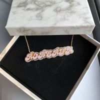 Collar de esmalte con colgante doble para mujer, joyería, regalo de Navidad, collar de nombre de esmalte personalizado chapado en oro con diamantes de imitación