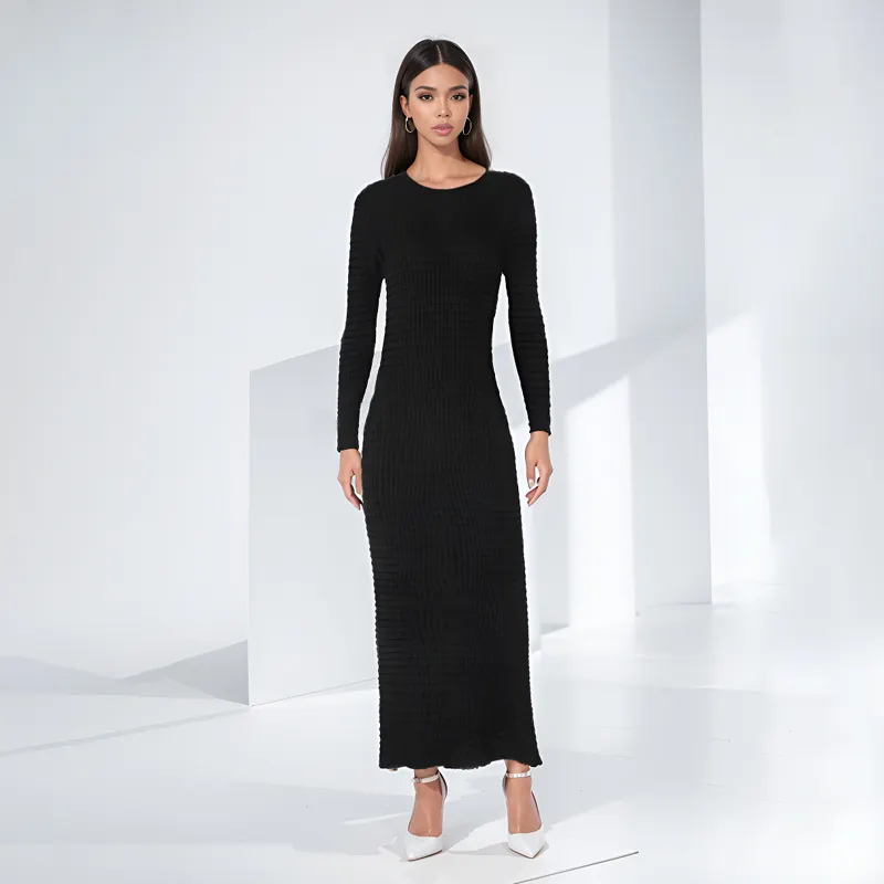 빠른 샘플 사용자 정의 스웨터 드레스 공급 업체 크루 넥 긴 소매 블랙 기하학적 질감 패턴 분할 Bodycon 드레스 여성