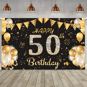 Joyeux 50e <span class=keywords><strong>anniversaire</strong></span> bannière <span class=keywords><strong>personnalisé</strong></span> créatif noir or <span class=keywords><strong>anniversaire</strong></span> fond tissu photographie fond bannière - Product Image 2