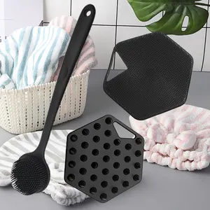 Long Handle Body Scrubber Exfoliating Massage Brush Soft Silicone Shower Bath Shampoo Face Brush Set