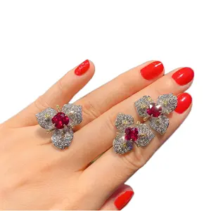 Wholesale Jewelry Sets Women Luxury ruby three petals Gemstone earring rings Jewellery Sets