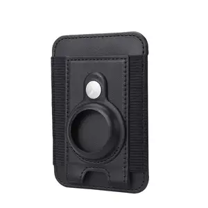 Wallet Stand with Airtag Holder Strong Magnetic Card Holder for iPhone Vegan Leather 3 Slots Fit 6 Cards RFID Blocking