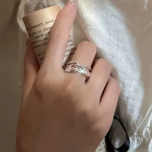 S925 Sterling <b>Silver</b> Korean Style Niche Textured <b>Cross</b> <b>Ring</b>, Korean Retro Simple Basic <b>Ring</b> - Product Image 2